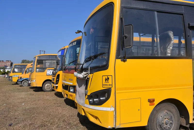 The yellow school bus fleet parked in a row